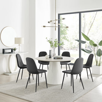 Statement 6 Person Round Dining Table Set in Luxury Beige Stone Effect - Faux Leather Dining Chairs
