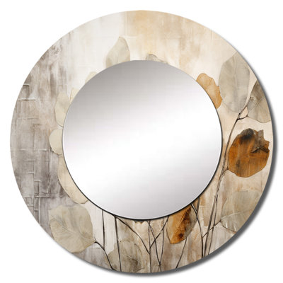 Pilade Beige Botanical Impressions III - Botanicals Wall Mirror, Modern Round Decorative Mirror, Printed Metal Art
