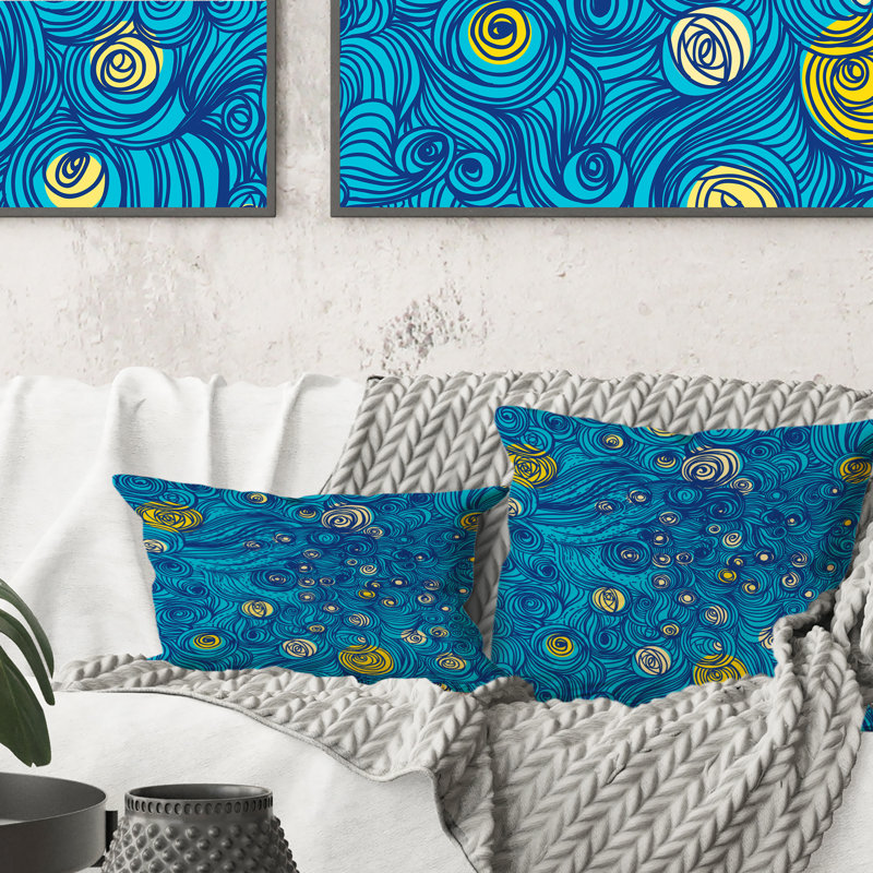 Coussin Starry Night - jaune et bleu - imprimé moderne, 16 po x 16 po