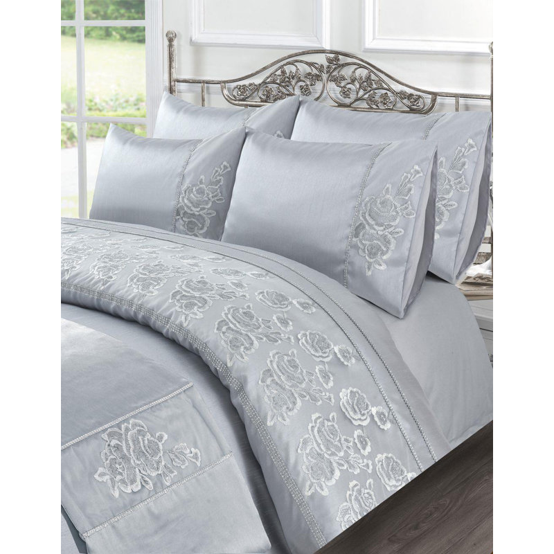Amara Embroidered Duvet Cover Set With Pillowcases Bedding Set, Silver, King Duvet Cover +2 Standard Pillowcases