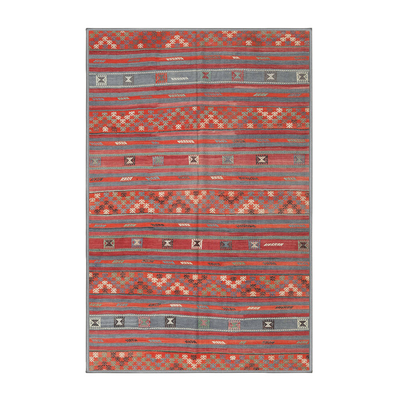 Tapis de zone rouge/gris contemporaine, Rectangle 5 pi x 7 pi