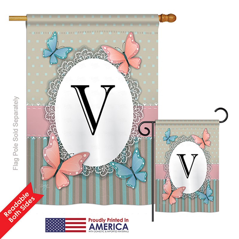 « papillons a initials », drapeau de jardin initial et grenouilles, ensemble de 2 côtés en polyester vertical décoratif, V