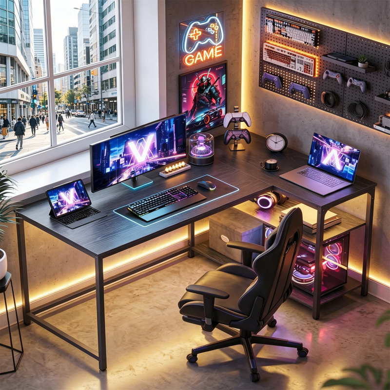 L-Shaped Metal Base Computer Desk, Black