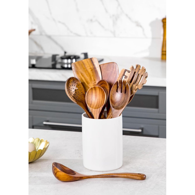 Natural Wood 10-Piece Cooking Utensils Set with White Ceramic Holder
