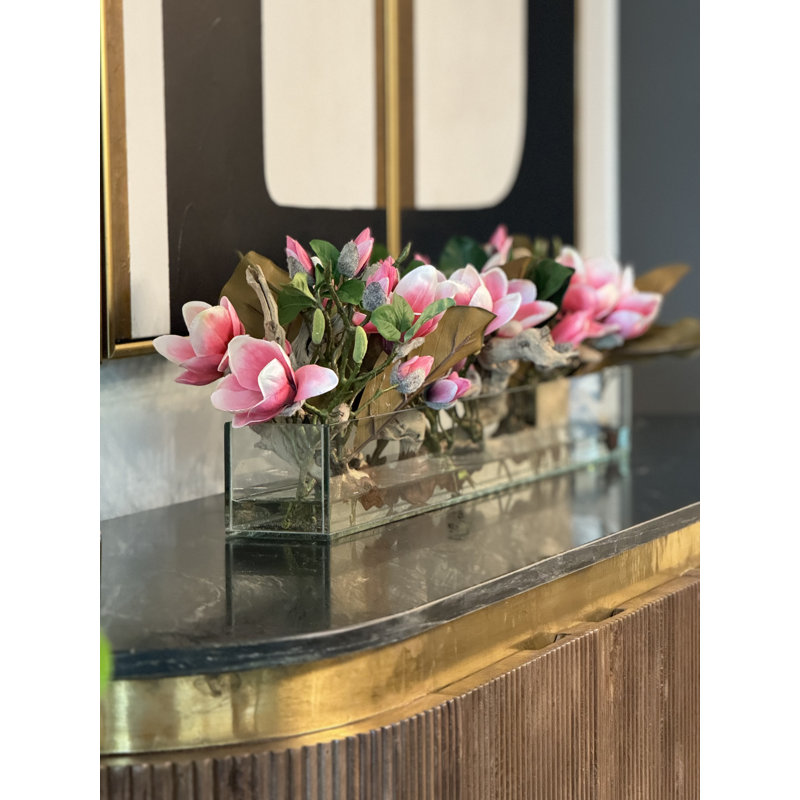 Glass Plate Magnolia Floral Arrangement And Centerpiece In Planter, Pink, 8" H x 38" W x 8" D