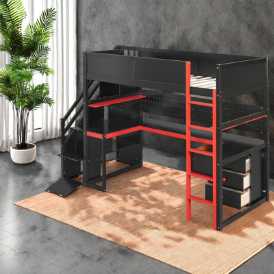 Modern Wood Twin Loft Bed With Storage, Gaming Design