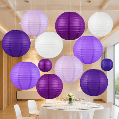 12-Piece Purple and Cream-White Hanging Paper Lantern Set in 6, 8, and 10 Inch Sizes for Weddings, Women's Professional Parties, Birthdays, and Home Decor
