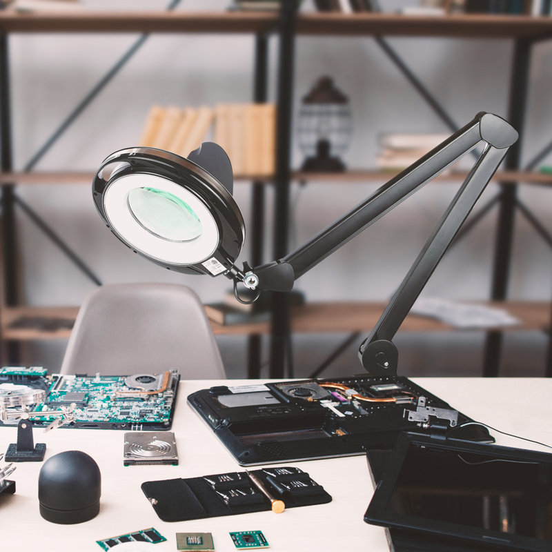 Lightview Pro 33 in. Adjustable Swing Arm Integrated 2.25X Magnifying Dimmable LED Desk Clamp Lamp, Black