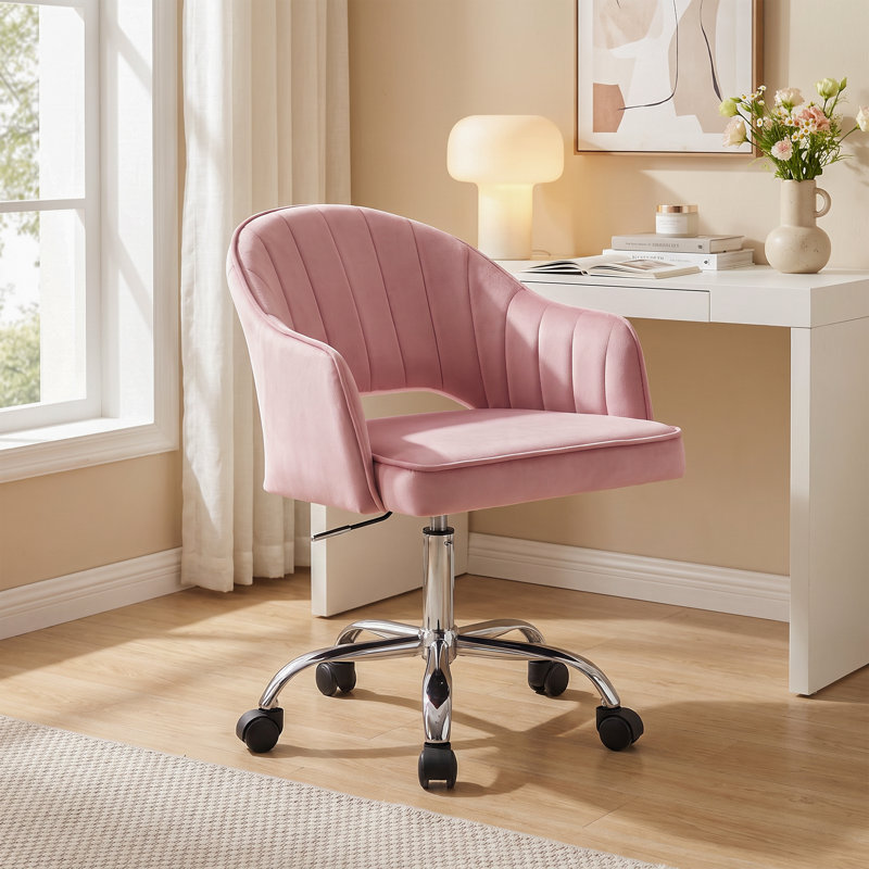 Chaise de bureau moderne rembourrée en velours de 21 po de largeur avec accoudoirs, Rose