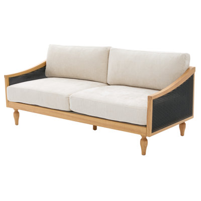 70.9" Mid-Century 3-Seater Sofa Couch Soft Chenille Upholstery with Rattan Armrests & Rubber Wood Legs Multi Seating Furniture for Living Room and Apartment, Black