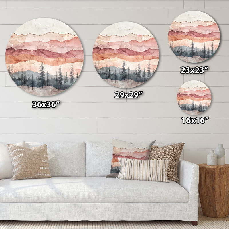 «Forest Terrain In Blush», art mural rond grand paysage abstrait, L 16 po x H 16 po