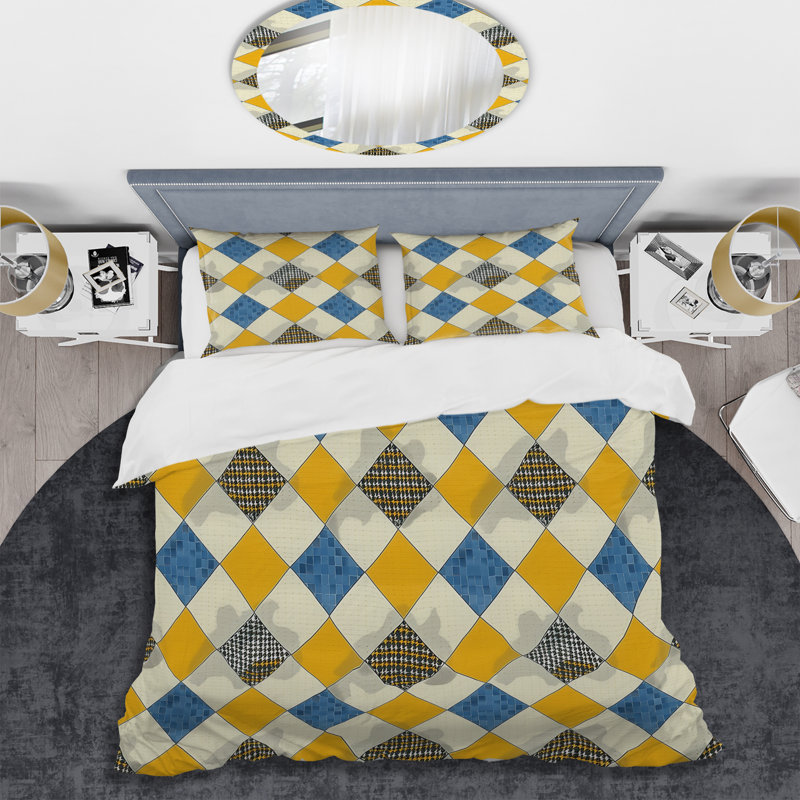 Ensemble de housse de couette moderne bleu et jaune Modern Houndstooth II, Housse de couette simple et deux taies décorative