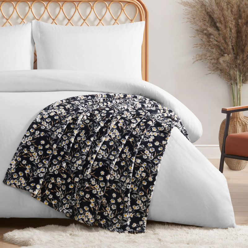 Black Floral Fleece Plush Throw Blanket 50" x 70"