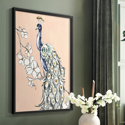 «Peacock in Gold IV», reproduction encadrée - bois massif