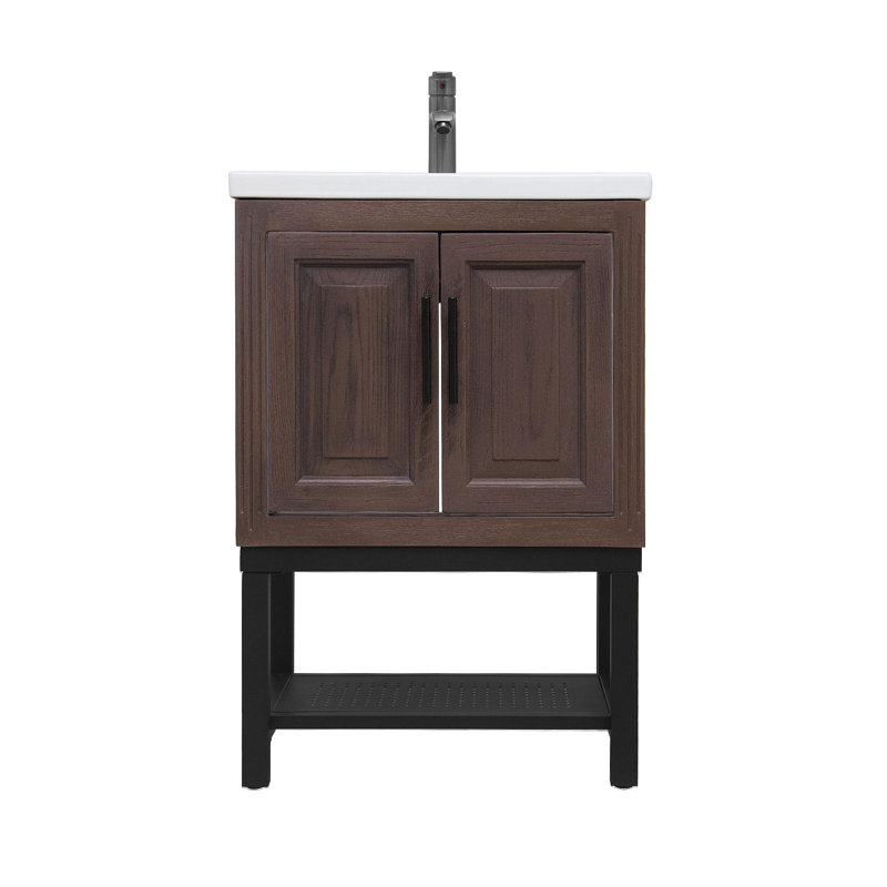 Meuble-lavabo 24 po avec lavabo en céramique blanc et robinet d'eau chaude et froide, armoire de salle de bain autoportante avec 2 portes de rangement et tablette ouverte en fer pour la salle de bain