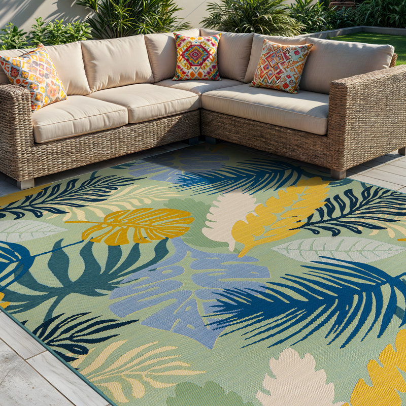 Tapis d'intérieur / extérieur à motif de feuilles tropicales Coastal, motif botanique bleu et jaune