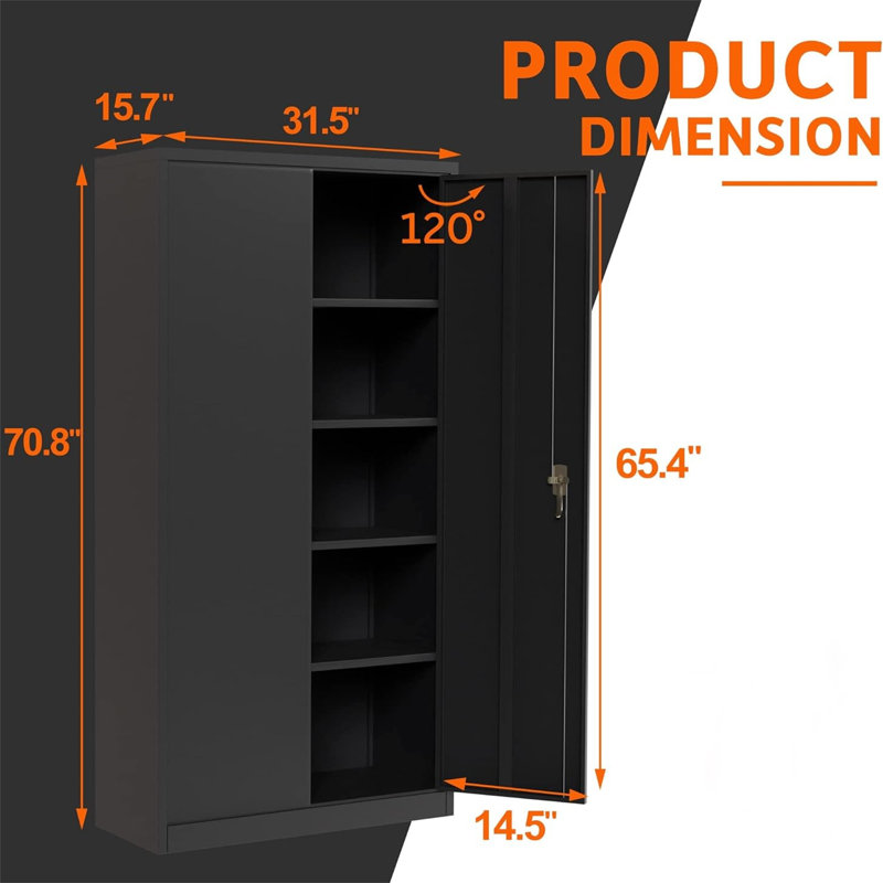 Armoire à outils 71 po en acier noir avec portes et 4 tablettes
