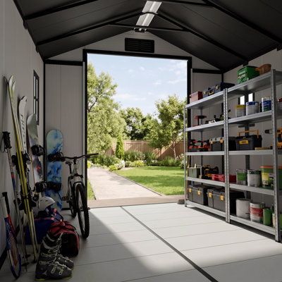 Remise de rangement extérieure 8 x 12 pi grandes boîtes à outils en métal, maison de rangement robuste avec portes coulissantes avec évent pour la cour de jardin