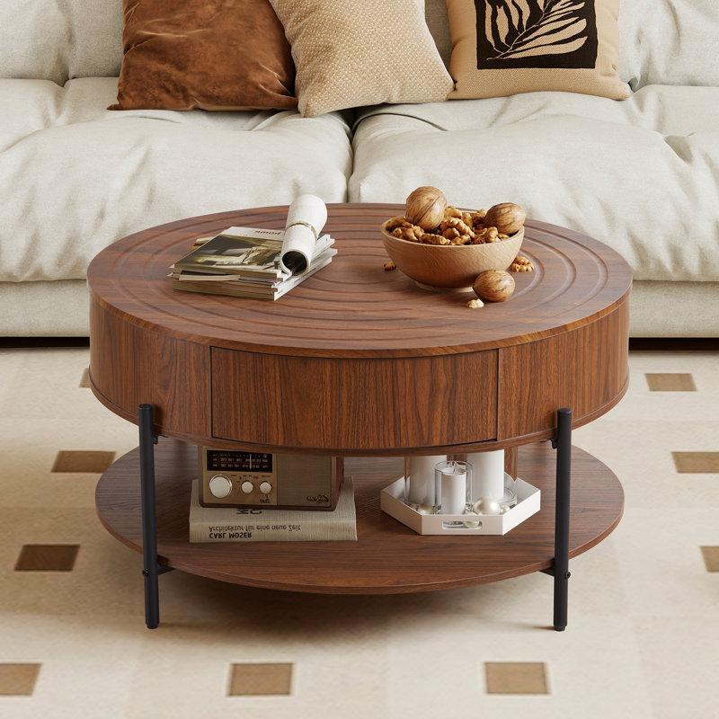 Table basse ronde 30,47 po avec tiroirs, Noyer