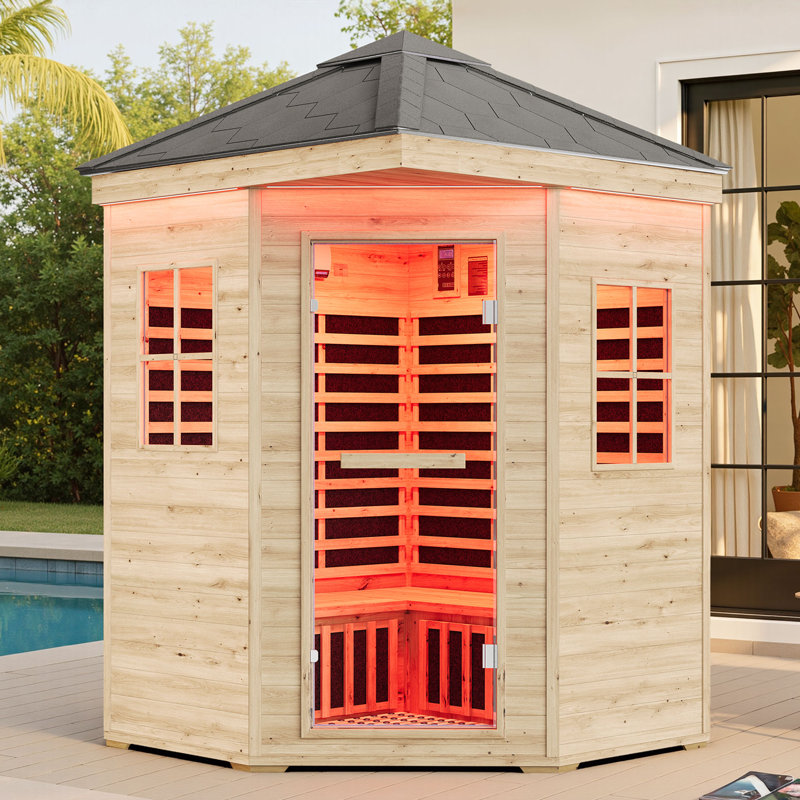 4-Person Spruce-Wood Infrared Dry Sauna With Low Emf, Tourmaline Stone Foot Heater, 7-Color Light Therapy & Dual Bluetooth Speakers (59.1″ × 59.1″ × 98.4″ / 2850 W/240 V)