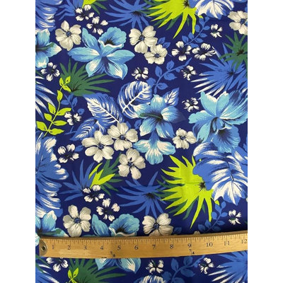 Royal Blue Hawaiian Tropical Floral Poly Cotton Fabric by the Yard, 58 Inch Wide Hibiscus Print for Shirts, Dresses, Crafts & Décor