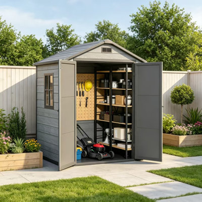 Remise de rangement extérieure 6 x 4,4 pi, remise en résine avec plancher, remise en plastique résistante aux intempéries avec fenêtre, verrouillable et évents, pour la cour arrière