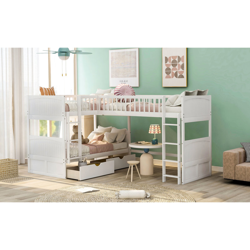 Lit superposé simple blanc avec mezzanine et tiroirs de rangement - et chambre à coucher avec compartiments pratiques, Blanc