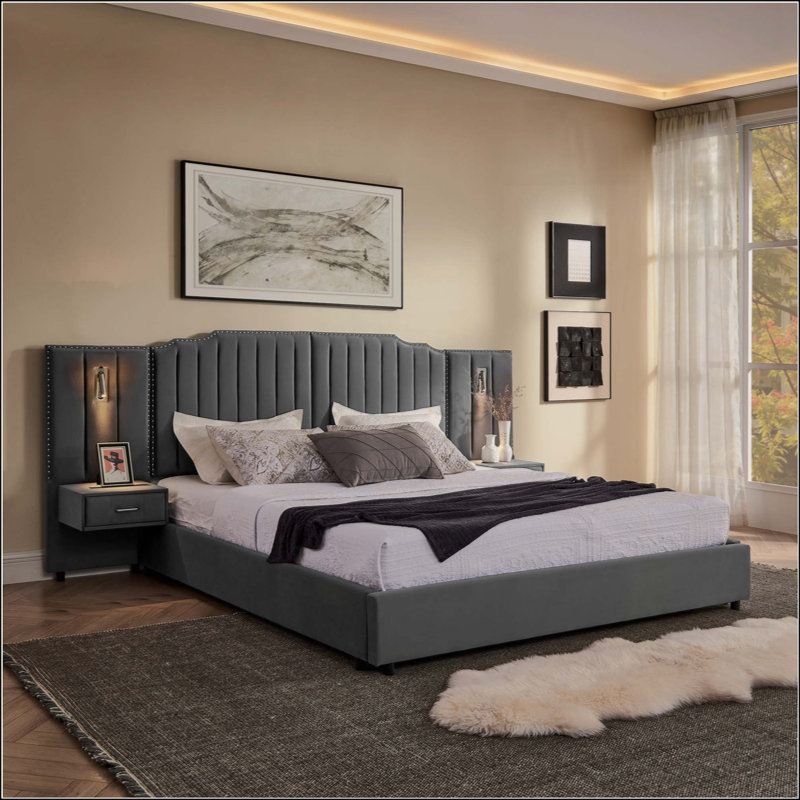 Structure de lit tapissier avec tissu en velours, conception à rayures verticales avec boutons autour du lit plateforme avec tête de lit, structure solide et table de chevet - aucun sommier nécessaire