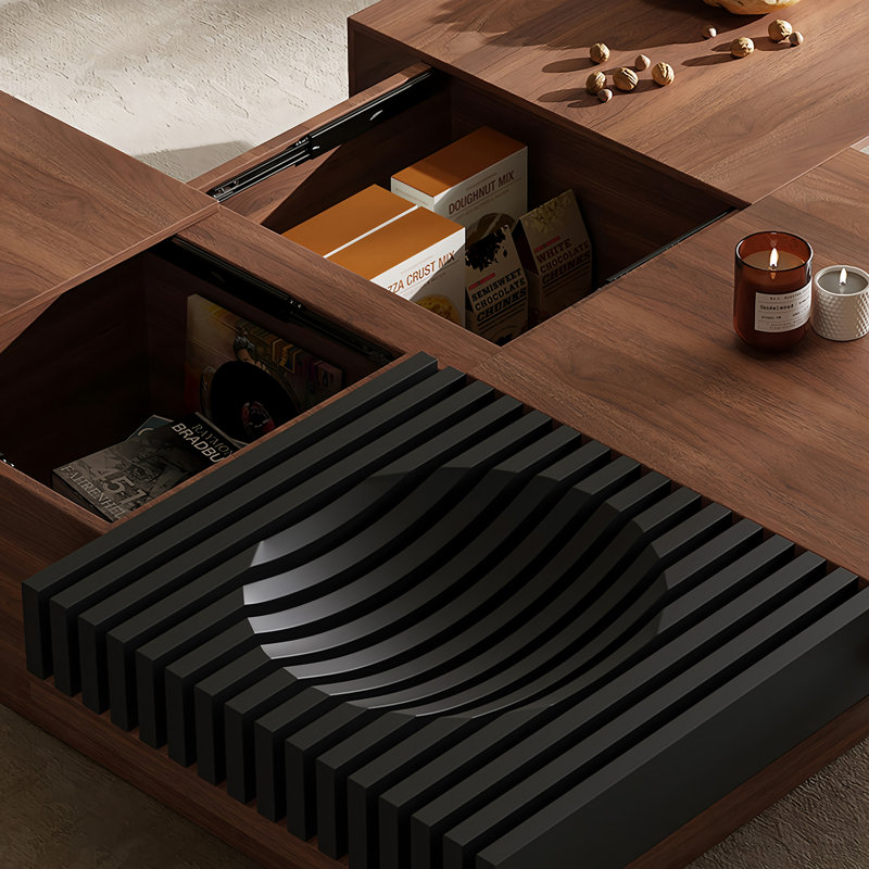 Pre-Assembly 39.4” Mid Century Square Wood Coffee Table with Large Storage Walnut Finish and Sliding Top