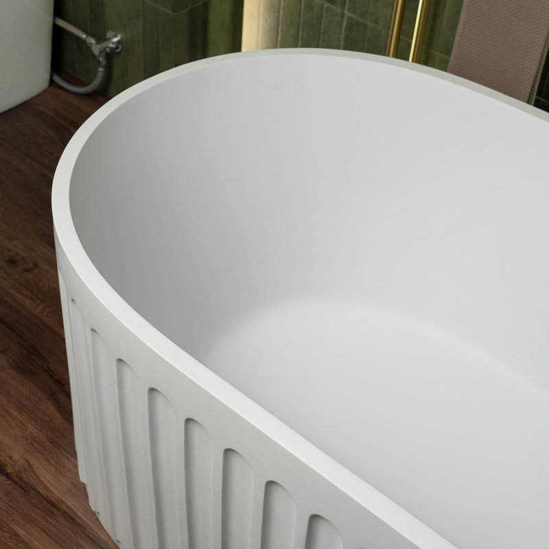 67" L x 29-1/2" W Luxury Contemporary Solid Surface Stone Resin Freestanding Bathtub in Matte White with 2-Drain Covers, Morden Artistic Elegance Design