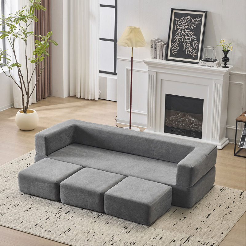 Convertible Sectional Sofa With 3 Storage Ottomans - High-Resilience Foam Sleeper, Space-Saving Chenille Floor Sofa For Studio Apartments & Home Offices. Grey