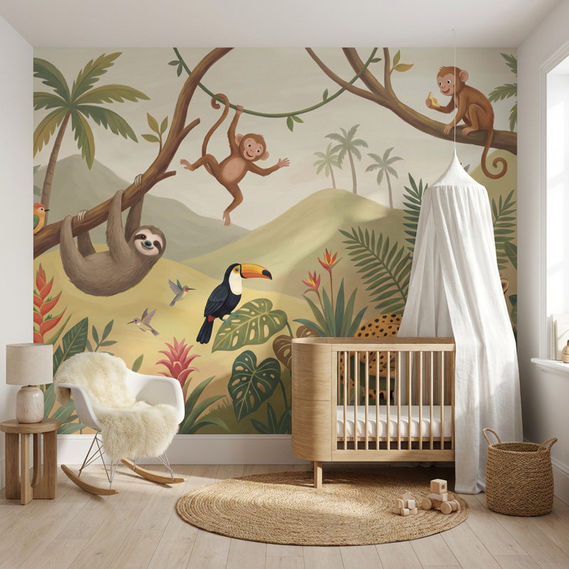 Papier peint jungle animaux tropicaux, 120" x 96", Peler et coller