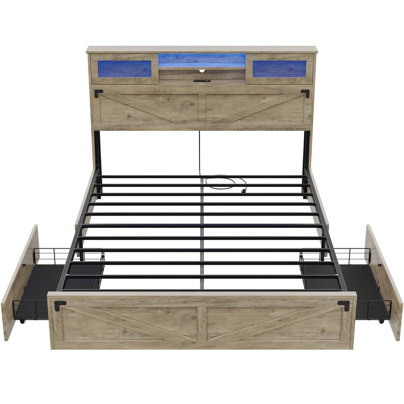 Farmhouse Bed Frame Queen With Bookshelf Headboard And 2 Drawers, Platform Queen Bed With Led Lights And Charging Station, Grey