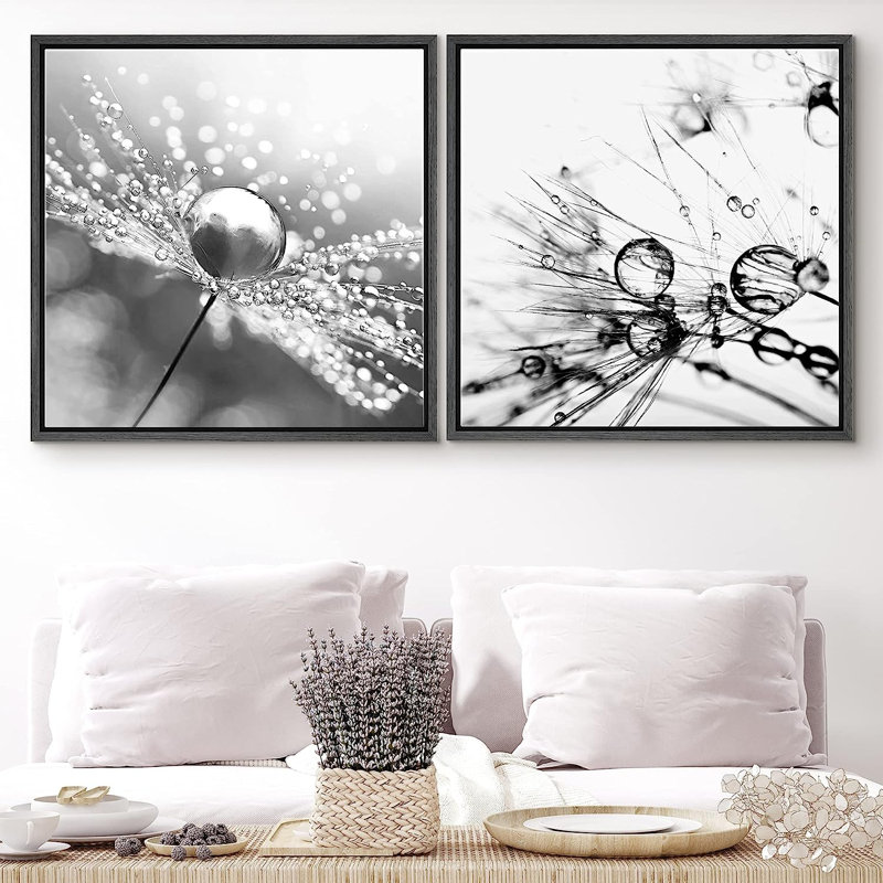 "Noir et blanc", "Water Drops On Plant Fibers", reproduction d'art sur toile encadrée 2 pièces, H 16 po x l 32 po x P 1,5 po