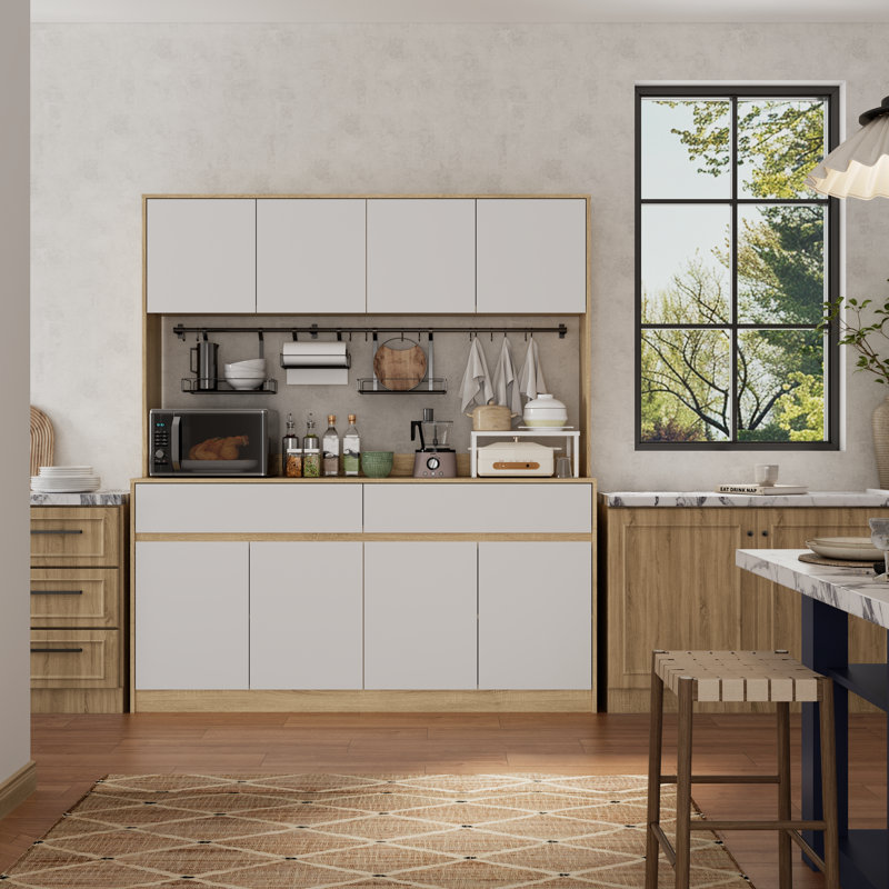 Armoire de rangement de 71 po de hauteur pour garde-manger, Blanc / Chêne