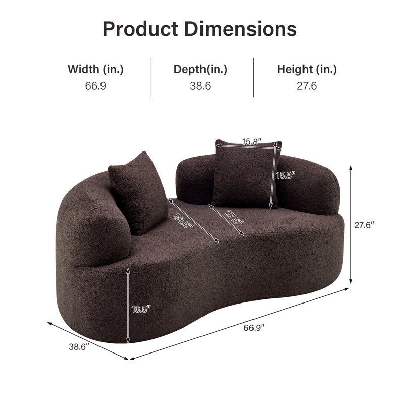 Teddy Upholstered Boneless Curved Loveseat Sofa, No Assembly Required, Space-saving Design, Brown