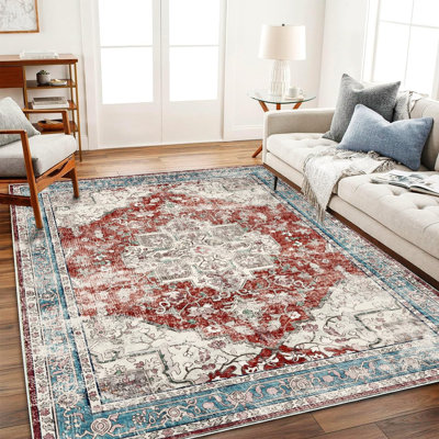 Tapis lavable 274 x 366 cm, motif floral rétro rouge et bleu, style bohème, ne peluche pas, facile d'entretien, idéal pour les zones de passage fréquent comme le salon, la chambre, le bureau, la table basse ou la cuisine. Grand tapis.
