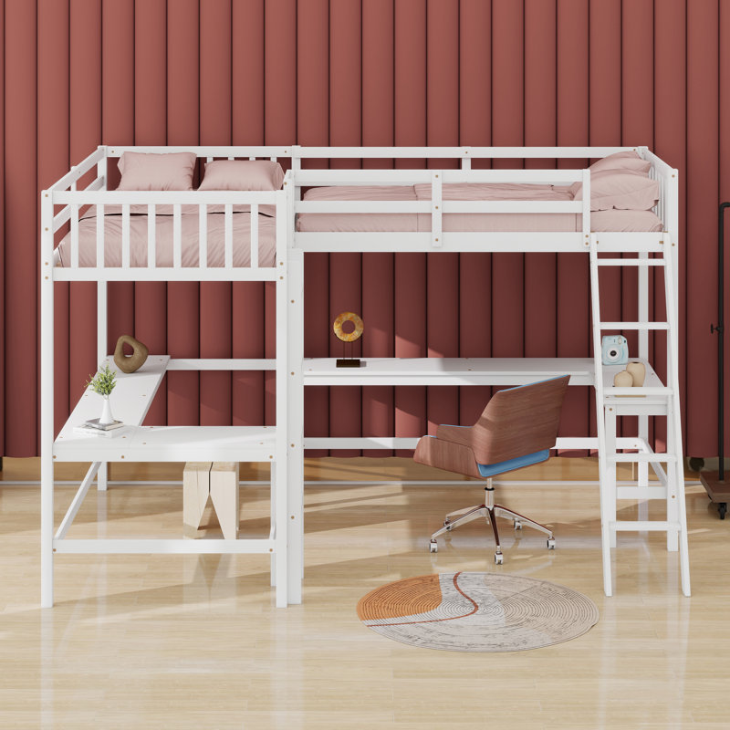 Wooden High Loftbed With Ladder，Safety Guardrail And 2 Built-In L-Shaped Desks, White