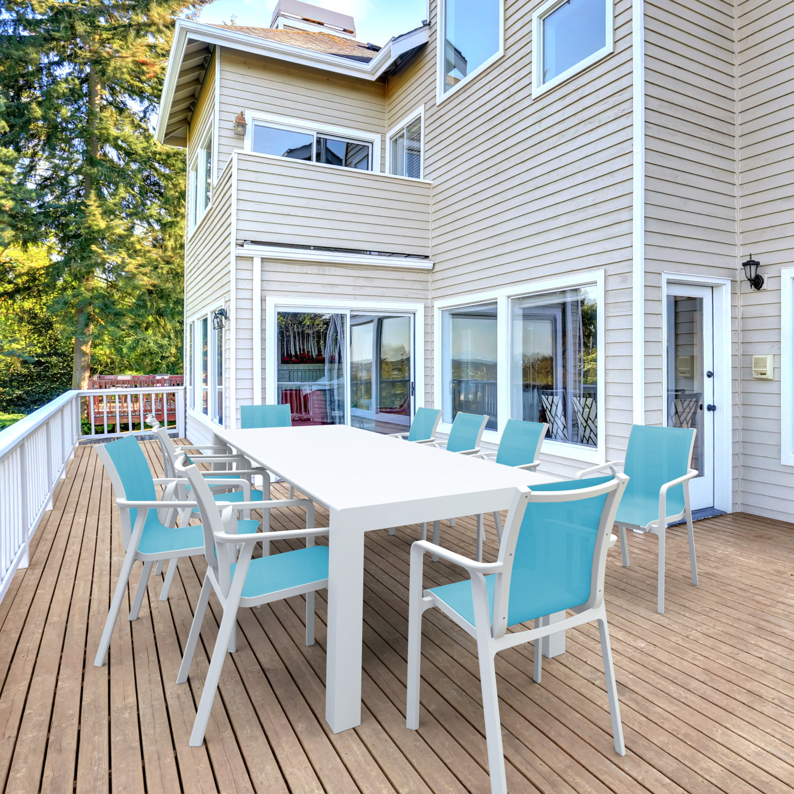 Farrah 118" Patio Dining Set, White/Turquoise