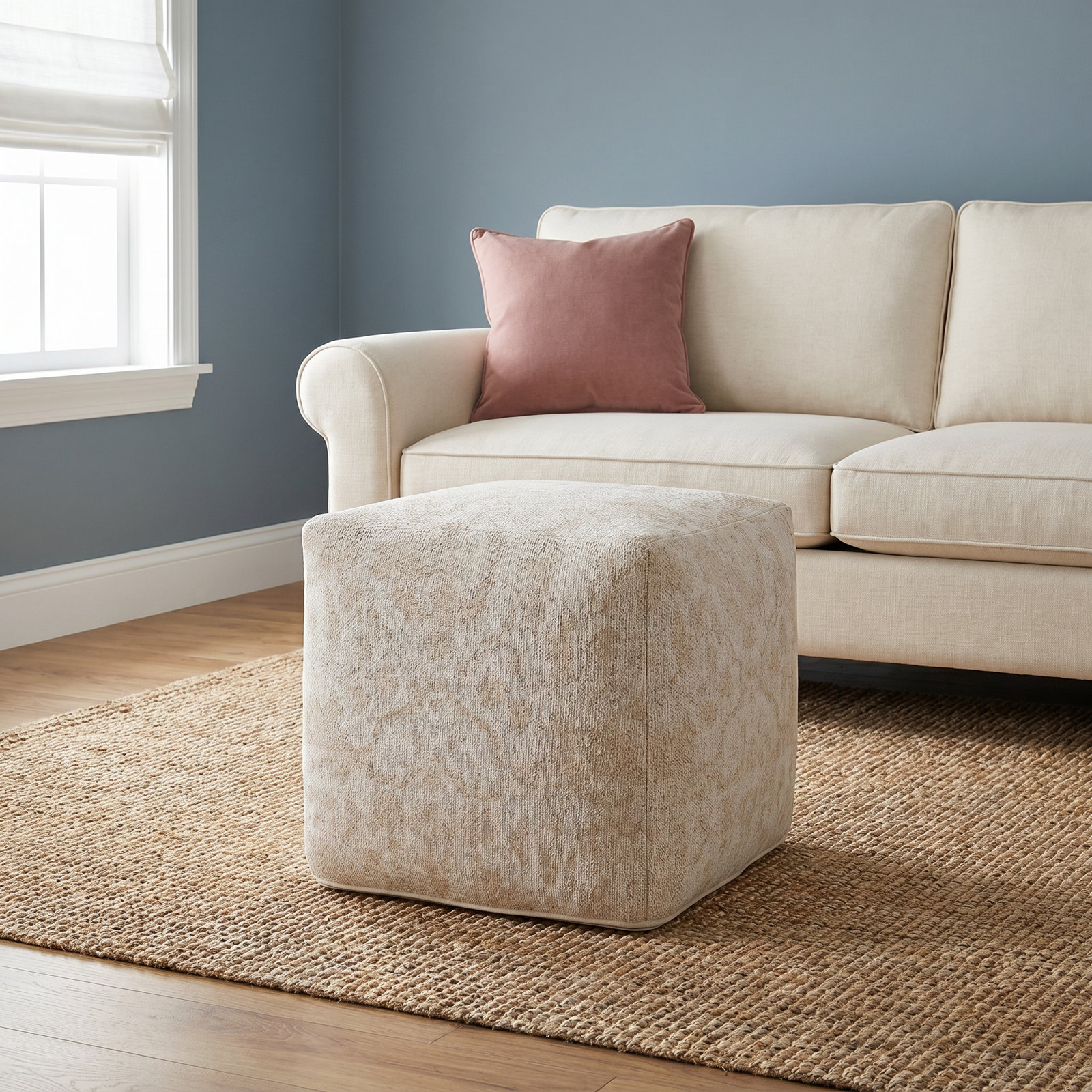 Kason Upholstered Pouf, Cream Cotton Blend