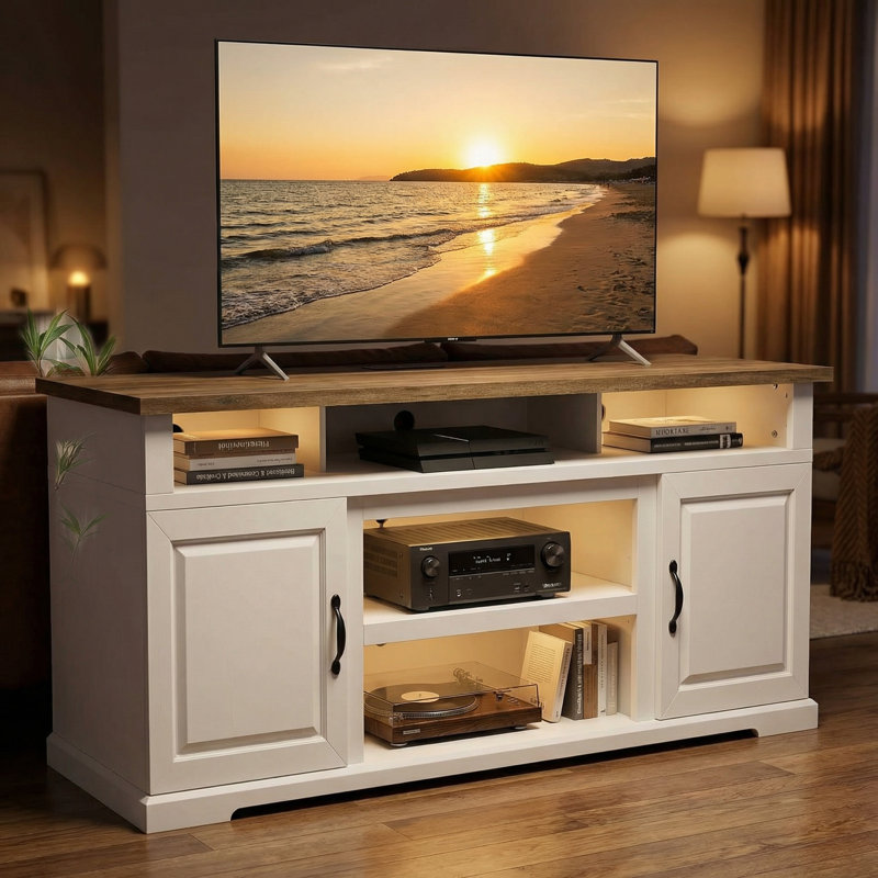 Farmhouse TV Stand For Tvs Up To 85'' With Storage Cabinets, Adjustable Shelves & Built-In Power Outlets, Entertainment Center For Living Room