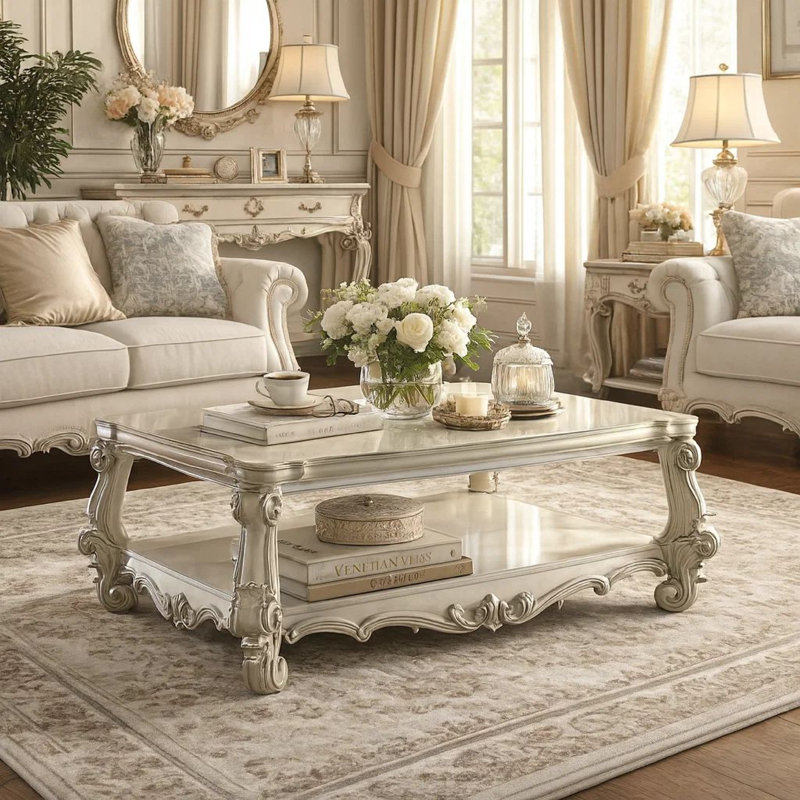 Table basse en bois de style traditionnel avec pieds à volutes Gazella, blanc os, Blanc