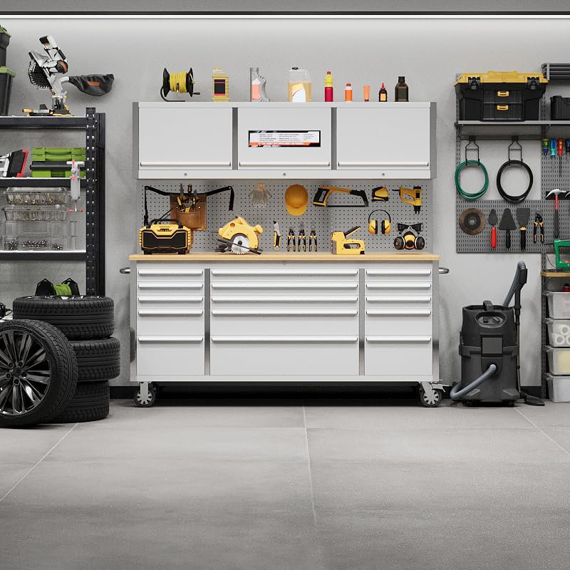 Établi de garage 72 po 72 po avec 15 tiroirs - Coffre à outils en acier pour atelier ou garage