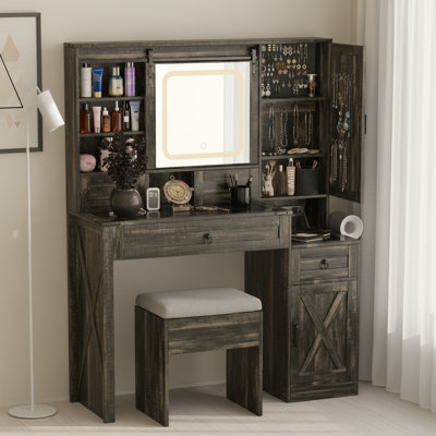 Farmhouse Glass Top Vanity Set with Sliding Lighted Mirror & Stool - Black