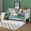 Lit de jour simple en bois avec 3 tiroirs et bibliothèque, lit d'angle avec bureau et ports USB, tête de lit pour le salon de la chambre à coucher