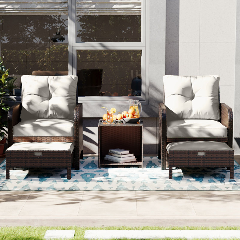 5 Pieces Outdoor Patio Chairs Set,PE Wicker Conversation Furniture with Cushions,Coffee Table,White, Ivory White