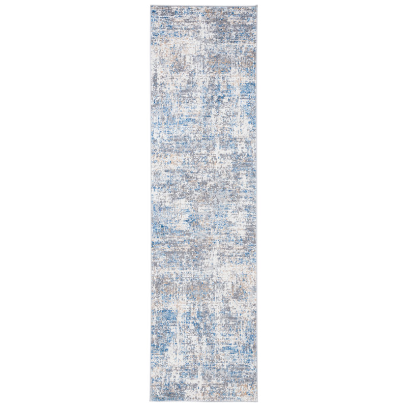 Tapis abstrait ivoire / bleu, Tapis de couloir 2 pi 2 po x 8 pi