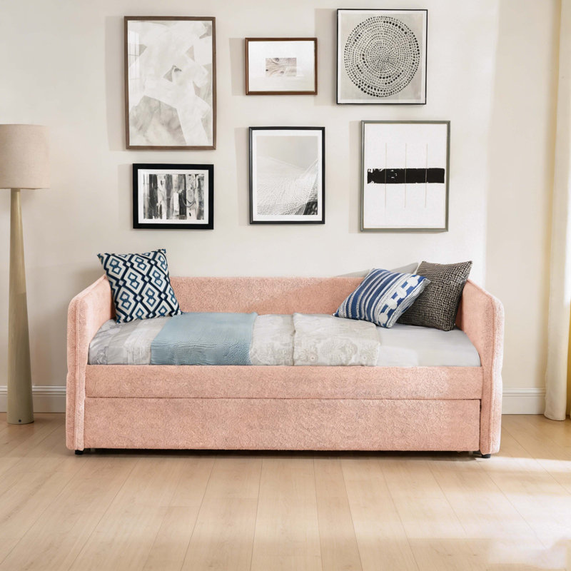 Daybed with Twin Size Pop-up Trundle Upholstered Tufted Sofa Bed, Twin Size, Boucle Fabric, Pink