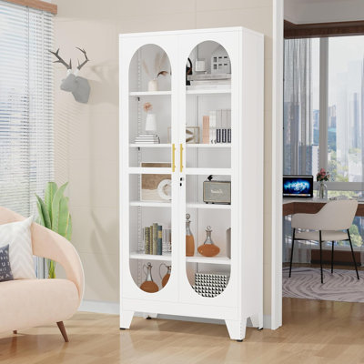 Vitrine de 71 po de hauteur avec porte vitrée, armoire vitrée en métal à 5 niveaux avec 4 tablettes réglables, vitrine verrouillable pour objets de collection, armoires de rangement vitrine pour salle d'exposition, blanc