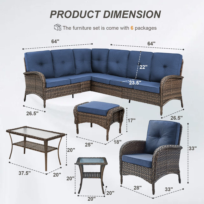  Valierius L-Shaped Outdoor Sectional Sofa Set With Patio Chairs, Ottomans & Coffee Table, Blue